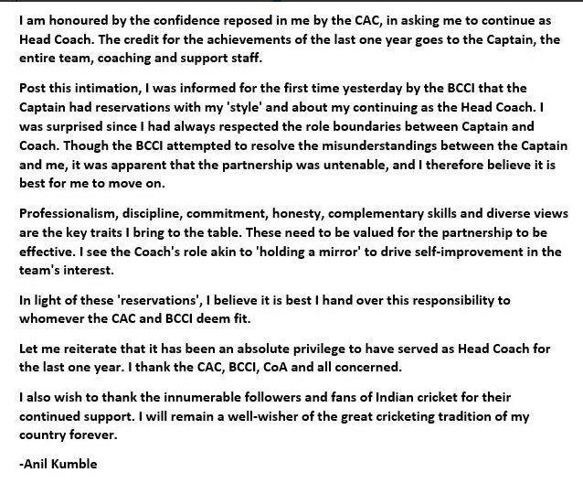 Anil Kumble Public Letter after leaving Indian cricket team coach position