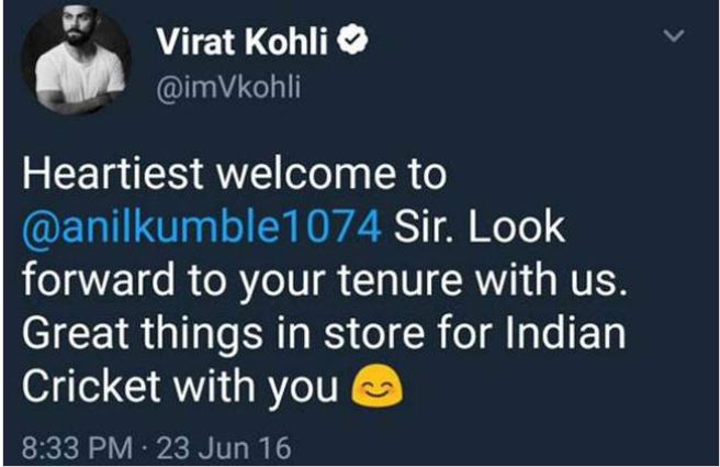 Virat Kohli deletes tweet welcoming Anil Kumble