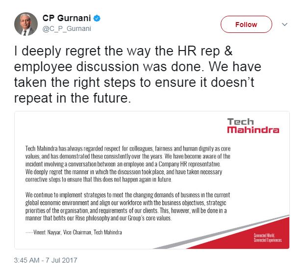 C P Gurnani apologies over HR forcing employee to resign