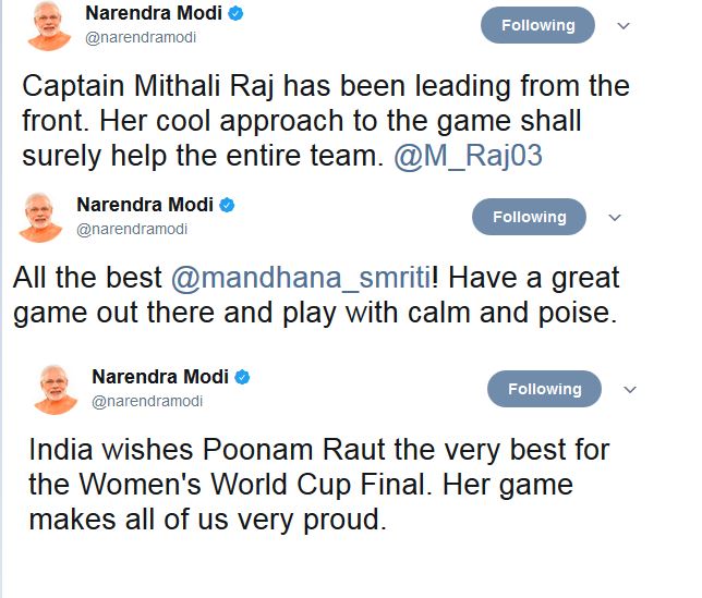PM Modi Tweets to wish every member of indian women cricket team