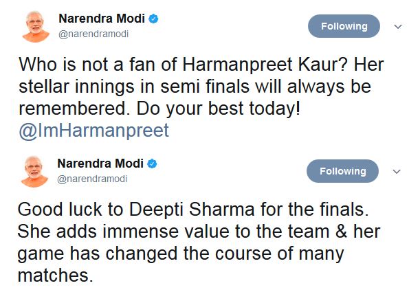 PM Modi Tweets to wish every member of indian women cricket team