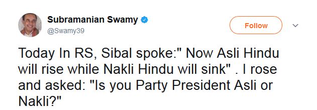 Subramanian Swamy Tweet targeting sonia gandhi over kapil sibal hindu remarks