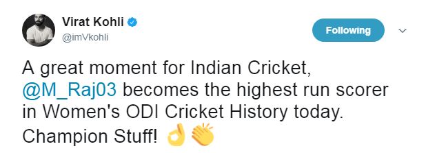 Kohli Congrats Mithali on reaching 6000 runs