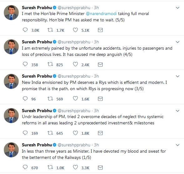 Suresh Prabhu Tweets offering his resignation